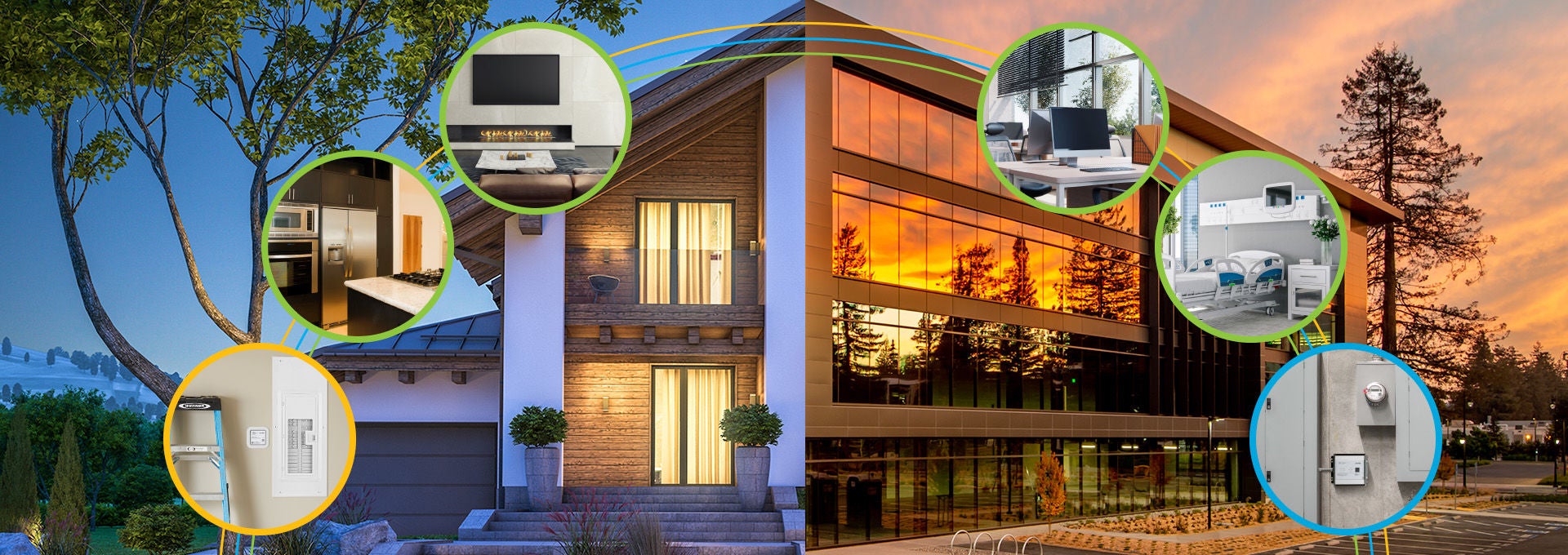 Edificio de oficinas y hogares que muestra las posibles aplicaciones de SPD